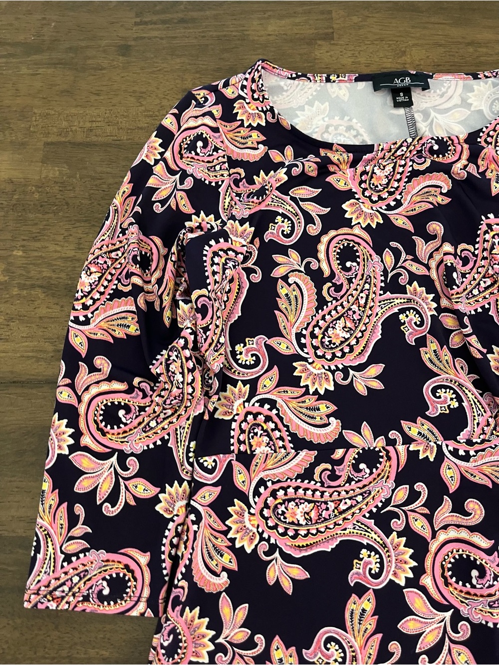 AGB Navy Paisley Tie-Waist Dress with Pink Accents Half Sleeve Sz Small - Picture 3 of 6